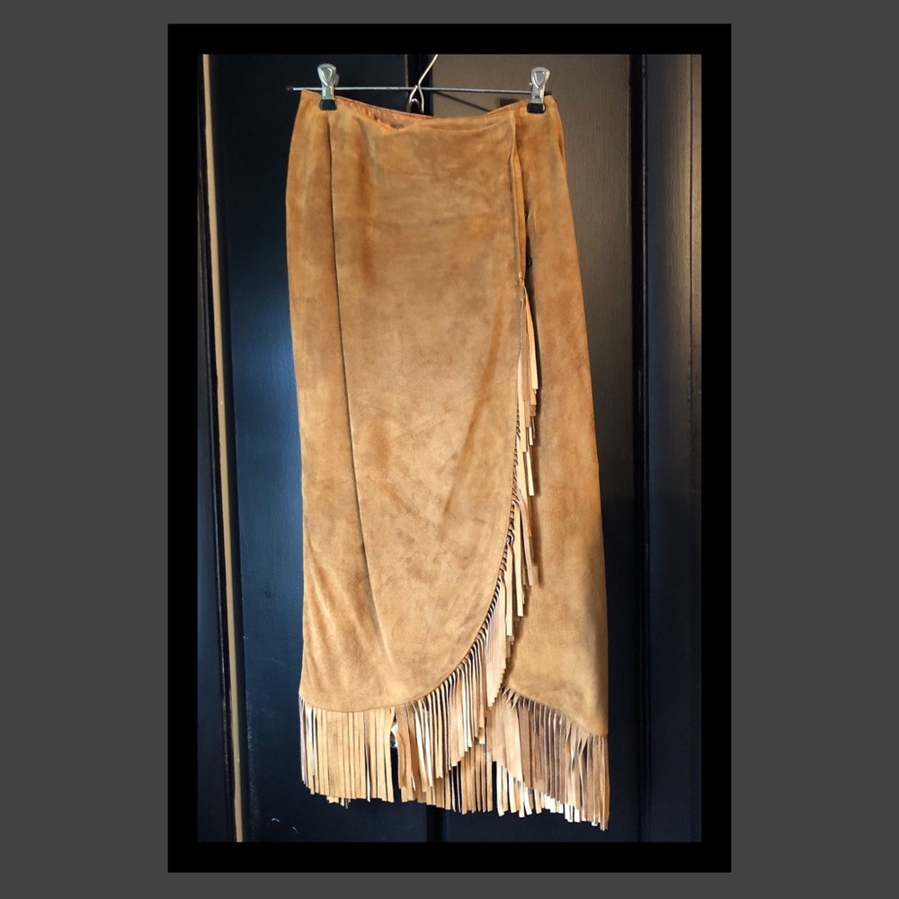 Suede fringe wrap maxi skirt